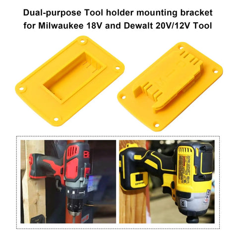 20V Tool Holder And Battery Mount Kit For Wall Mount Hanger showing Dewalt and Milwaukee drill mountings on wall