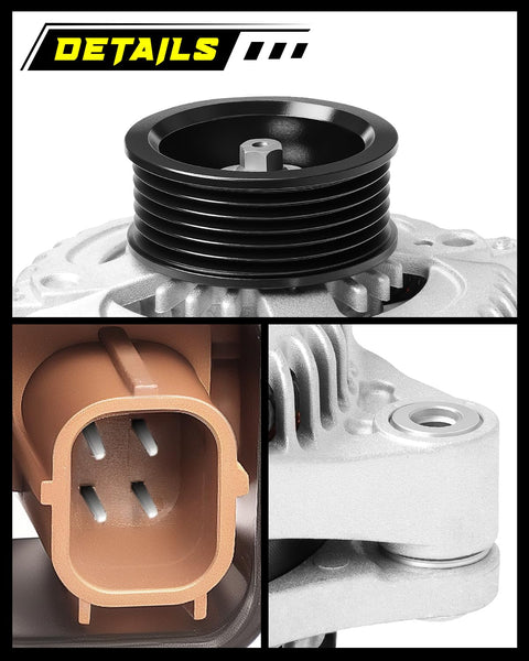 Close-up of Beefed-Up 12V 130A Alternator For Honda Pilot 2009-2011 Odyssey 2008-2010 Ridgeline 2009-2011 And Acura MDX RL TL TSX ZDX With 6 Groove Pulley CW Rotation New OE 31100 RGW A01 Replacement showing pulley, electrical connector, and mounting detail.