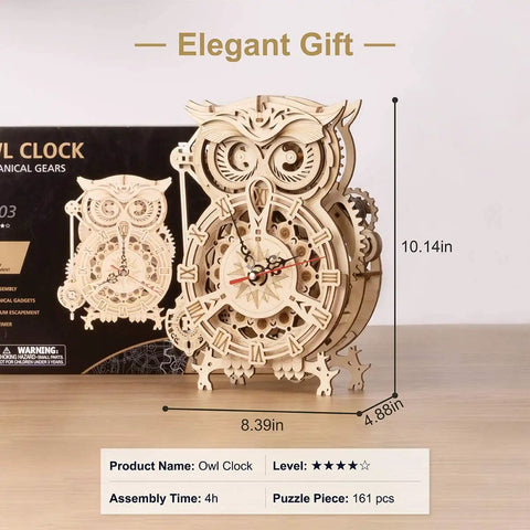 Epic 3D Wooden Owl Clock Puzzle Kit For Adults, Mechanical Model Building DIY Hobby, 161 Pieces, Vintage Owl Design, Silent Quartz Clock, Creative Craft Gift For Men And Women, Home Desk Decor, 10.14in tall