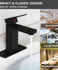 Brass Single-Handle Bathroom Sink Faucet With Escutcheon, Pop Up Drain, And Water Supply Hoses, Matte Black Finish, shown in use.