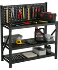 Heavy Duty Rolling Workbench Tool Cart With Bulletproof Steel Shelves Built Like A Tank For Zero Wobble Hardcore Garage Organization displaying tools and storage.