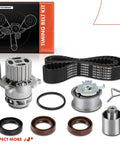 Engine Timing Belt Kit With Water Pump For Volkswagen Jetta 2005 To 2010 One Point Nine Liter L4 Includes Timing Belt Water Pump Pulley Idler Front Seals And Gasket Set Replacement Parts kit displayed with components