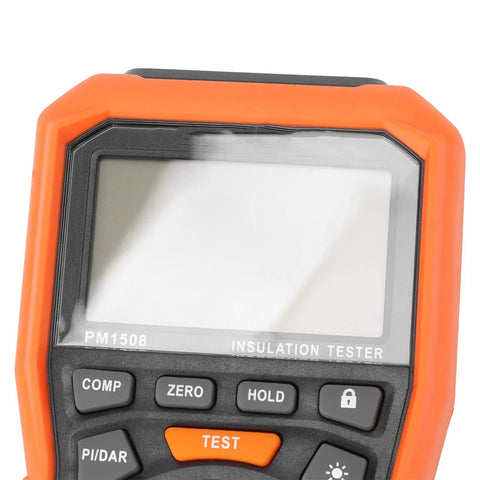 Close-up of Go To Insulation Resistance Tester Megohmmeter display and buttons for electrical equipment maintenance
