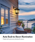 2 Pack Solar Wall Lanterns Outdoor LED Sconce With Four Solar Panels Dusk To Dawn Anti Rust Waterproof Aluminum Lanterns illuminated on porch at sunset