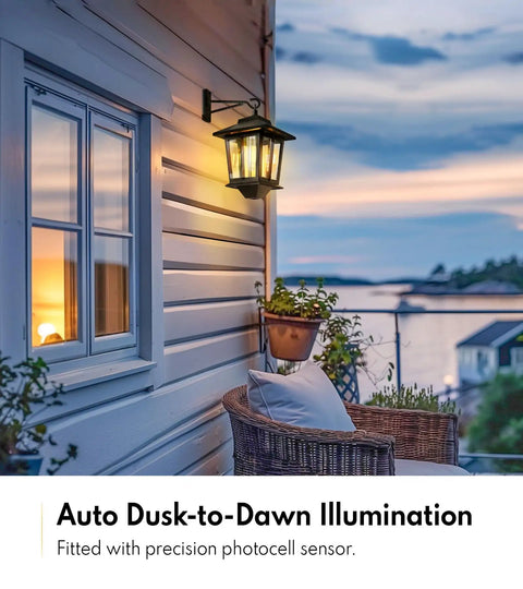 2 Pack Solar Wall Lanterns Outdoor LED Sconce With Four Solar Panels Dusk To Dawn Anti Rust Waterproof Aluminum Lanterns illuminated on porch at sunset