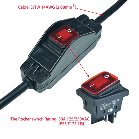 Heavy Duty 14 AWG Outdoor Extension Cord With 3 Prong Plug And Waterproof Red LED On Off Switch 16 Inch Long UL Listed Power Cable