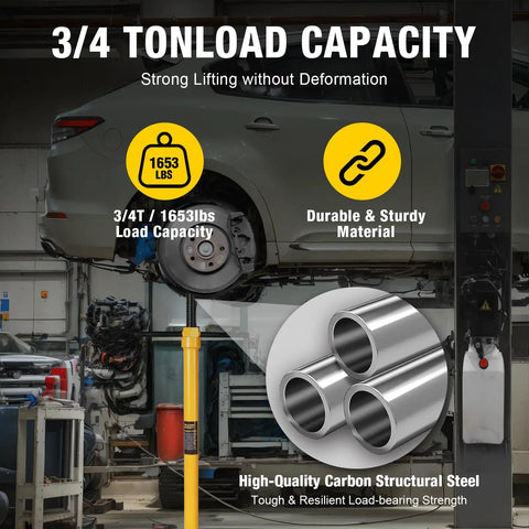 Underhoist Support Stand with Three Quarters Ton Lift Capacity illustrating 3/4 ton load capacity in garage setup.