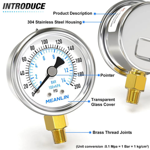 Dry Pressure Gauge 0 To 200 Psi Stainless Steel 2 Inch Dial Face Lower Mount One Eighth Inch NPT waterproof