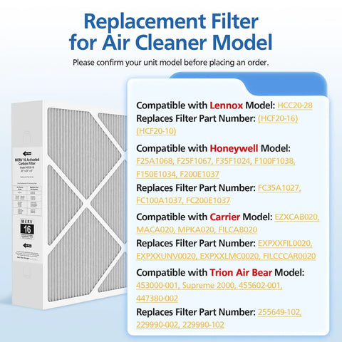 20x25x5 MERV 16 Air Filter For Your HVAC System Fits HCC20-28 Compatible With HCF20-16 HCF20-10 shown with compatibility list