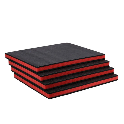 Stacked sheets of Cuttable Polyethylene Tool Box Shadow Sheet with customizable foam padding for easy tool storage in a 19.7x15.8x1.4 tray.