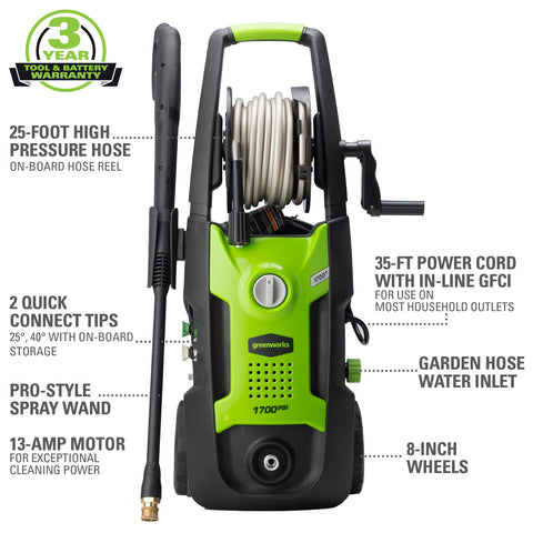1700 PSI Electric Pressure Washer With 1.2 GPM Upright Hand Carry And PWMA Certified showcasing features and nozzle kit