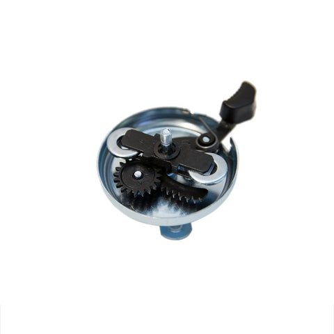 Underside view of internal components of Classic Ringer Bicycle Bell For Beach Cruiser Handlebars, Easy Mount White Bell For Adults Men Women