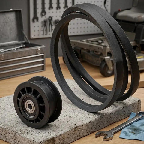 Must Have Idler Pulley And Drive Belt Combo Kit For Stens Z254F And CZ3815 Mowers, featuring black rubber construction.