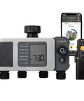 Must-Have 4 Port Smart Hose Watering Timer With Wi-Fi Hub And WeatherSense Auto Watering system shown with smartphone app