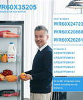 Man standing next to open fridge with fruits, vegetables, and milk inside, showcasing Refrigerator Evaporator Fan Motor DC 13.6V 0.16A Replacement For GE Models WR60X29099 WR60X24723 WR60X20880 WR60X26281 Fits Most Side By Side Fridges Easy Install And Quiet Operation.