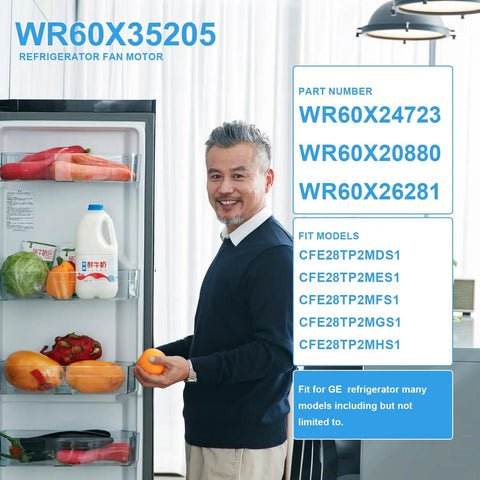 Man standing next to open fridge with fruits, vegetables, and milk inside, showcasing Refrigerator Evaporator Fan Motor DC 13.6V 0.16A Replacement For GE Models WR60X29099 WR60X24723 WR60X20880 WR60X26281 Fits Most Side By Side Fridges Easy Install And Quiet Operation.