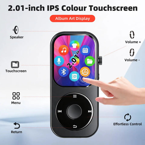 Dope 128GB Bluetooth 5.3 MP3 Player With 2.01-Inch Touchscreen and rotary buttons, featuring album art display and controls.