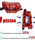 4-piston hydraulic brake caliper for e-bike, red, 2-pin waterproof connectors, front and side views