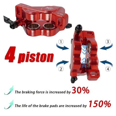 4-piston hydraulic brake caliper for e-bike, red, 2-pin waterproof connectors, front and side views
