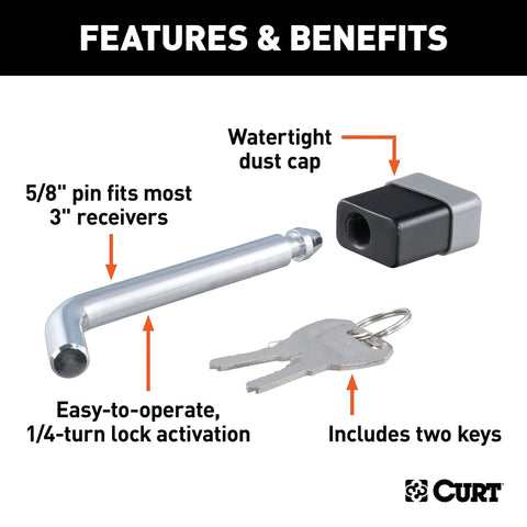 Heavy Duty Five Eighths Inch Hitch Lock Pin With One Quarter Turn Deadbolt, 18,000 Lb Security, high strength steel shown with keys