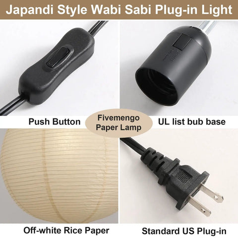 Twenty Inch Off White Japanese Rice Paper Lantern Plug In Pendant Light With Adjustable Cord Sets, showing push button and US plug.