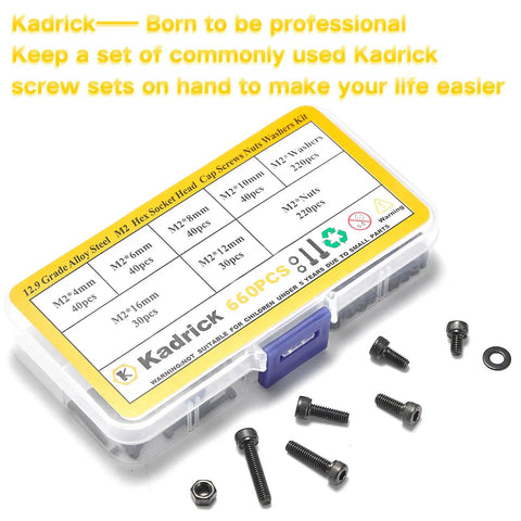 Plastic box of Metric Screw Kit 660 Pcs M2 Hardware Set With M2x4 6 8 10 12 16mm Screws Grade 12 9 Pro Grade Alloy Steel.
