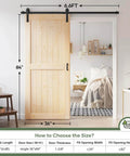 36x84 Inch Sliding Barn Door Slab With 6.6 Foot Hardware Kit Spruce Solid Wood Construction Easy DIY Assembly For Rustic Home And Office Entrances installed in a bedroom doorway