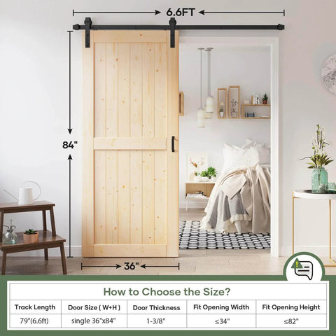 36x84 Inch Sliding Barn Door Slab With 6.6 Foot Hardware Kit Spruce Solid Wood Construction Easy DIY Assembly For Rustic Home And Office Entrances installed in a bedroom doorway
