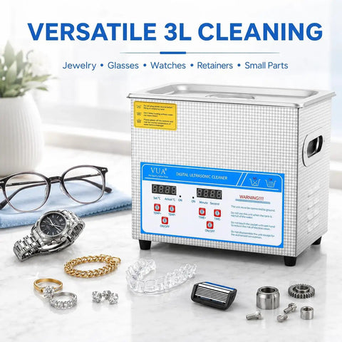 Top Tier Three Liter Ultrasonic Cleaner With Quick Heat Mode And Digital Timer, Straight Up 40 Khz Deep Wash scrubs jewelry and small parts.