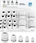 Boxed set of IP68 Waterproof Cable Gland Kit with tough nylon NPT adjustable connectors, various sizes, for outdoor wiring.