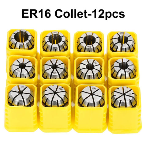 Twelve Piece ER16 Spring Collet Set For CNC Engraving Machines, Pro Grade Milling Drilling Tapping Collets, Includes Twelve Sizes From One Quarter To Eleven Thirty Seconds, Ideal For Boring And Spindle Engraving. ER16 collets in yellow cases