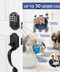 Keyless Front Door Lock Set With Keypad Deadbolt Silver Finish Single Cylinder Handle Set With Curved Handle Hands Free Entry No Key Fumbles Using 4 to 8 Digit Code Durable Metal Construction And Easy Installation showing interaction with family and friends