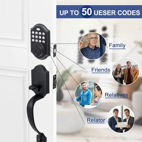 Keyless Front Door Lock Set With Keypad Deadbolt Silver Finish Single Cylinder Handle Set With Curved Handle Hands Free Entry No Key Fumbles Using 4 to 8 Digit Code Durable Metal Construction And Easy Installation showing interaction with family and friends