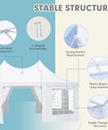 Heavy Duty Octagonal Party Tent 20x15ft With Six Removable Sidewalls showing connectors, ground nails, anchor ropes, and windows