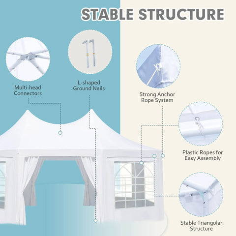 Heavy Duty Octagonal Party Tent 20x15ft With Six Removable Sidewalls showing connectors, ground nails, anchor ropes, and windows