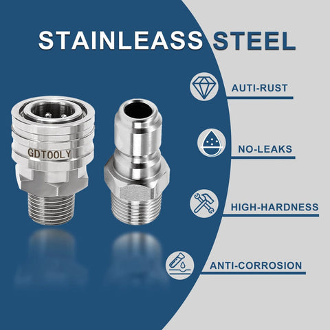 Pressure washer quick-connect fittings, stainless steel, 3/8 in, front and side views, female and male, 4-piece set