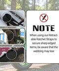 Safety warning note for Beefy Heavy Duty Self Retracting Ratchet Straps 1In By 13Ft, black color with caution on sharp edges.