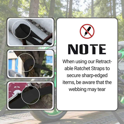 Safety warning note for Beefy Heavy Duty Self Retracting Ratchet Straps 1In By 13Ft, black color with caution on sharp edges.