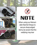 Heavy Duty Retractable Ratchet Straps One Inch By Thirteen Foot Bolt On Cargo Tie Down showing usage on sharp edges with warning.