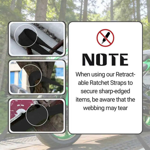 Heavy Duty Retractable Ratchet Straps One Inch By Thirteen Foot Bolt On Cargo Tie Down showing usage on sharp edges with warning.