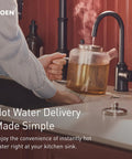 Moen Instant Hot SIP Faucet with Insulated Spout, Spot Resist Stainless, 2-Step Activation and Hands-Free Filling, Requires Tank (Sold Separately), IH7620SRS dispensing hot water into a glass kettle.