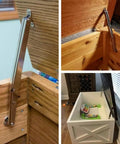 2 Pack Soft Close Box Hinges With 100N Gas Struts for heavy wooden boxes, shown in toy storage and cabinet installations.