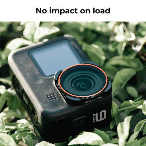 CPL Circular Polarizer Filter For GoPro Hero 9 10 11 12 13 Action Cameras on a GoPro in greenery, showing lens detail.