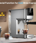 Kickin 20 Bar Espresso Maker With Rapid Cold Brew Touchscreen Panel showcasing cold brew espresso feature with glass cup.