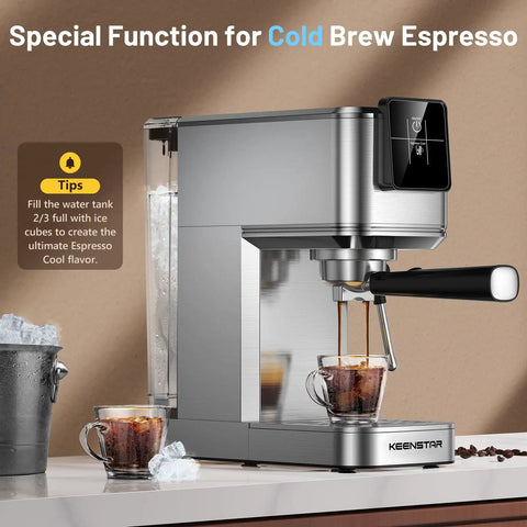 Kickin 20 Bar Espresso Maker With Rapid Cold Brew Touchscreen Panel showcasing cold brew espresso feature with glass cup.