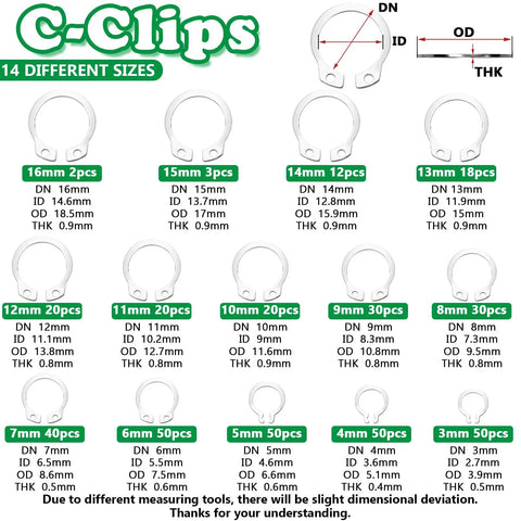 Pro-Grade 304 Stainless Steel Snap Ring Kit With E Clips And C Clips, 26 Sizes External Retaining Rings, C clips 14 sizes