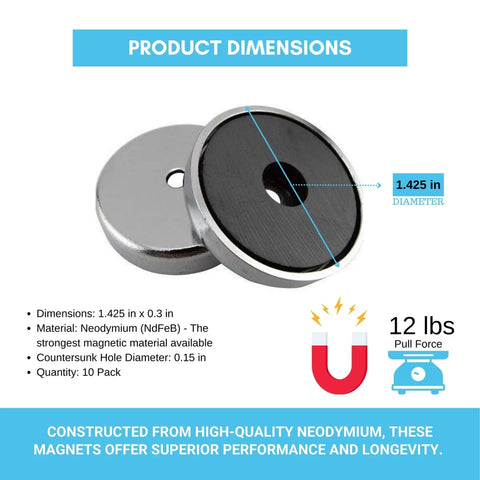 Beefy 12 Lb Pull Neodymium Disc Magnets With Countersunk Hole 1.425 By 0.3 Inches, Industrial Rare Earth Magnets, size chart