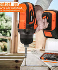 ENERTWIST 112-piece drill bit set in orange/black tough case; cordless drill/driver with assorted bits.