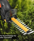 2-In-1 Cordless Hedge Trimmer And Grass Shear Tool Only, 20V Max Battery Compatible, cutting green hedge, guard design shown