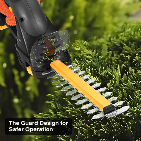 2-In-1 Cordless Hedge Trimmer And Grass Shear Tool Only, 20V Max Battery Compatible, cutting green hedge, guard design shown